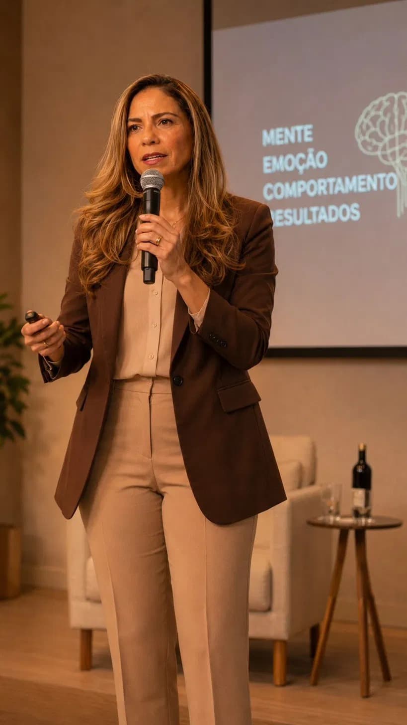 Ivana Almeida de microfone durante uma palestra, diante da tela com as palavras mente, emoção, comportamento e resultados